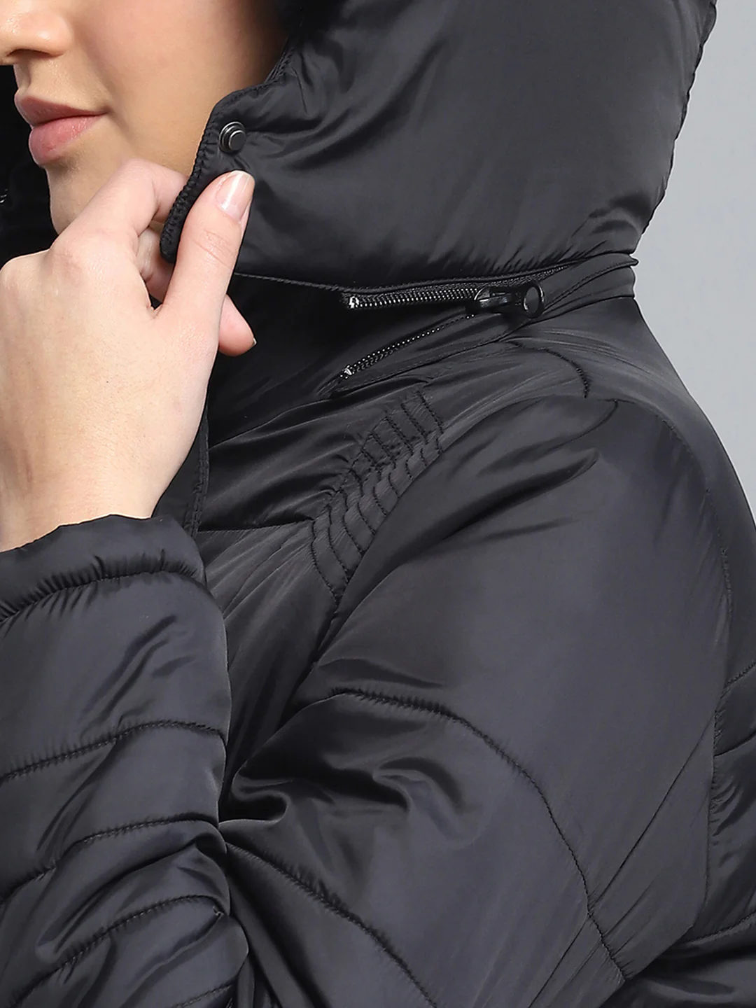 Women Black Self Design Hooded Jacket Set (1 Full & 1 Half Sleeve Reversible) - Image 6