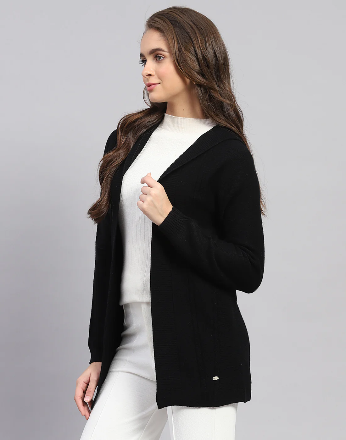 Women Black Self Design Front Open Full Sleeve Cardigan - Image 3