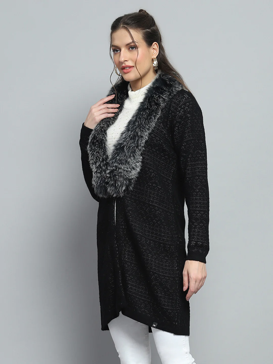 Women Black Self Design Front Open Full Sleeve Cardigan - Image 3