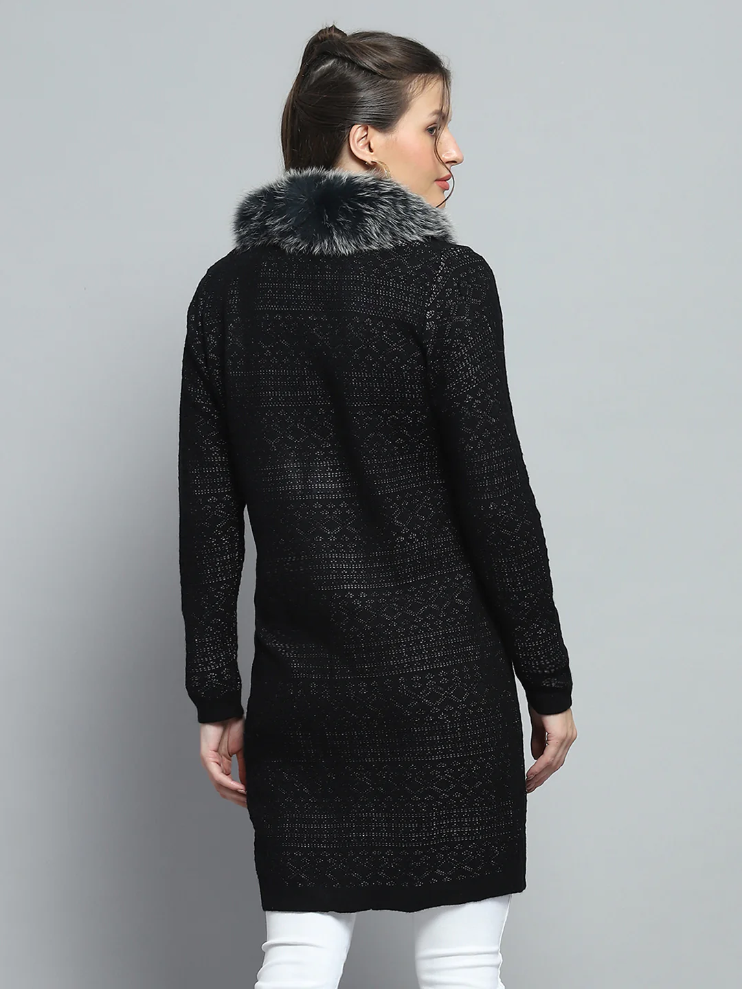 Women Black Self Design Front Open Full Sleeve Cardigan - Image 5
