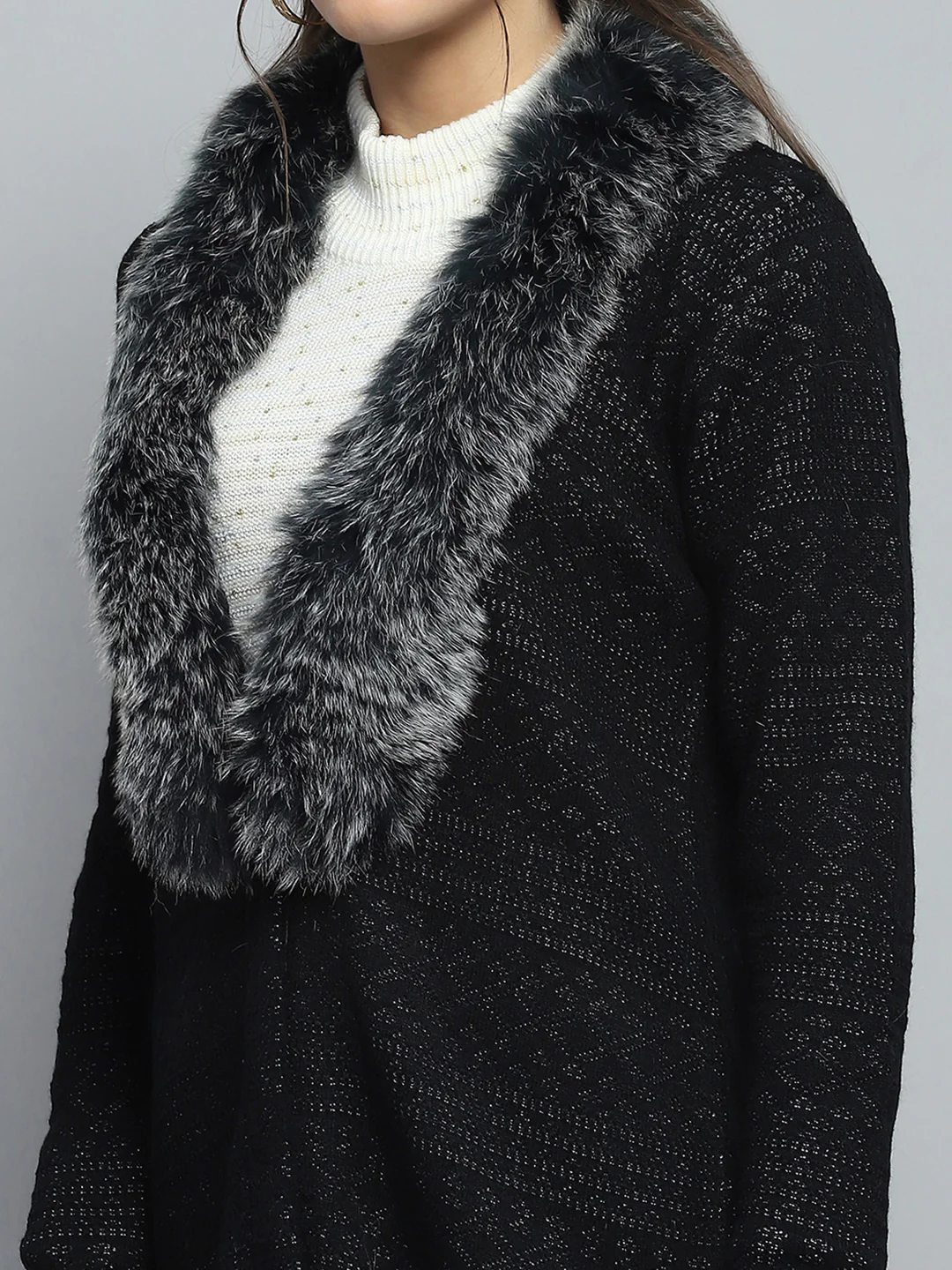 Women Black Self Design Front Open Full Sleeve Cardigan - Image 6