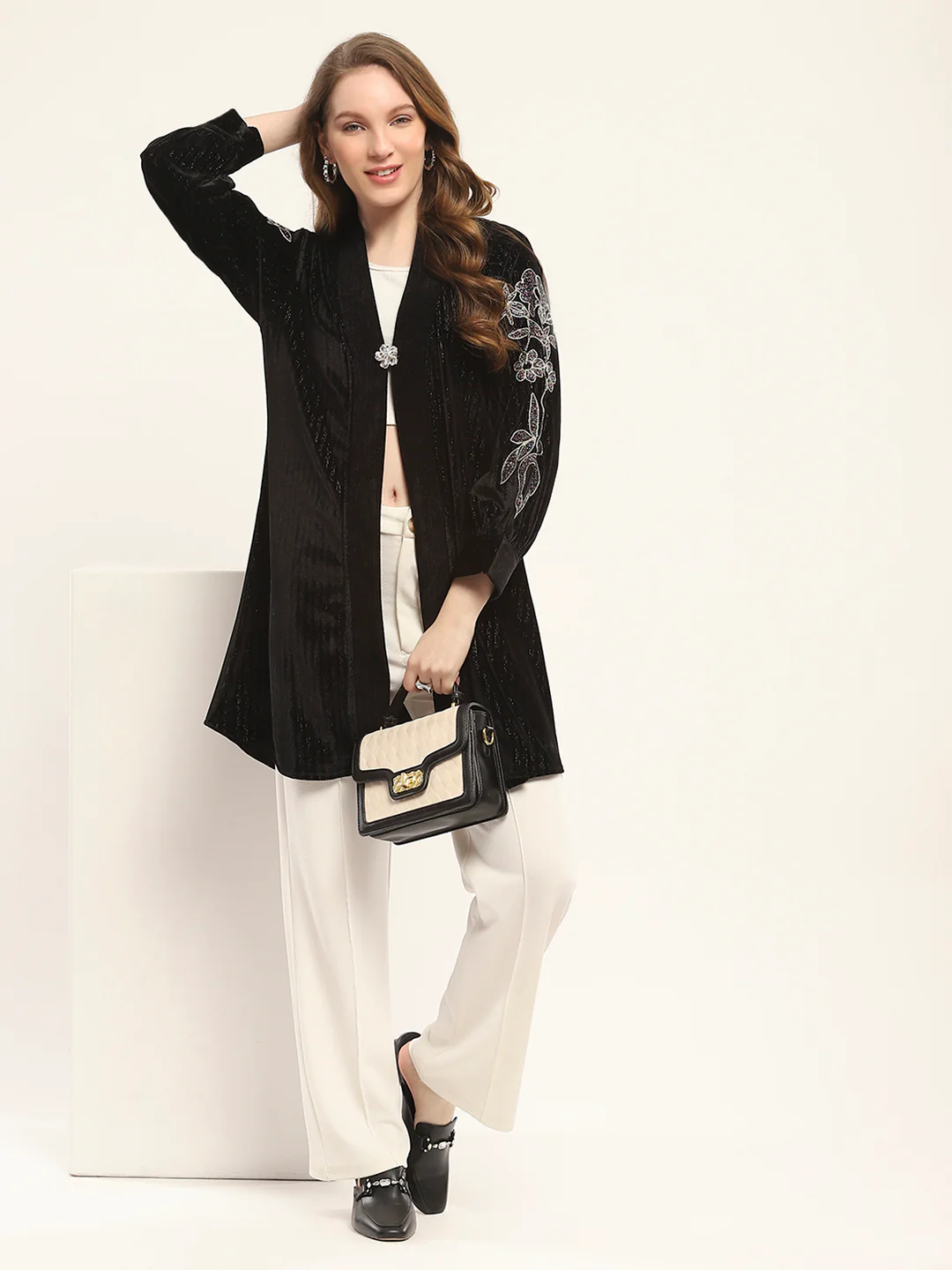 Women Black Self Design Front Open Full Sleeve Shrug - Image 2