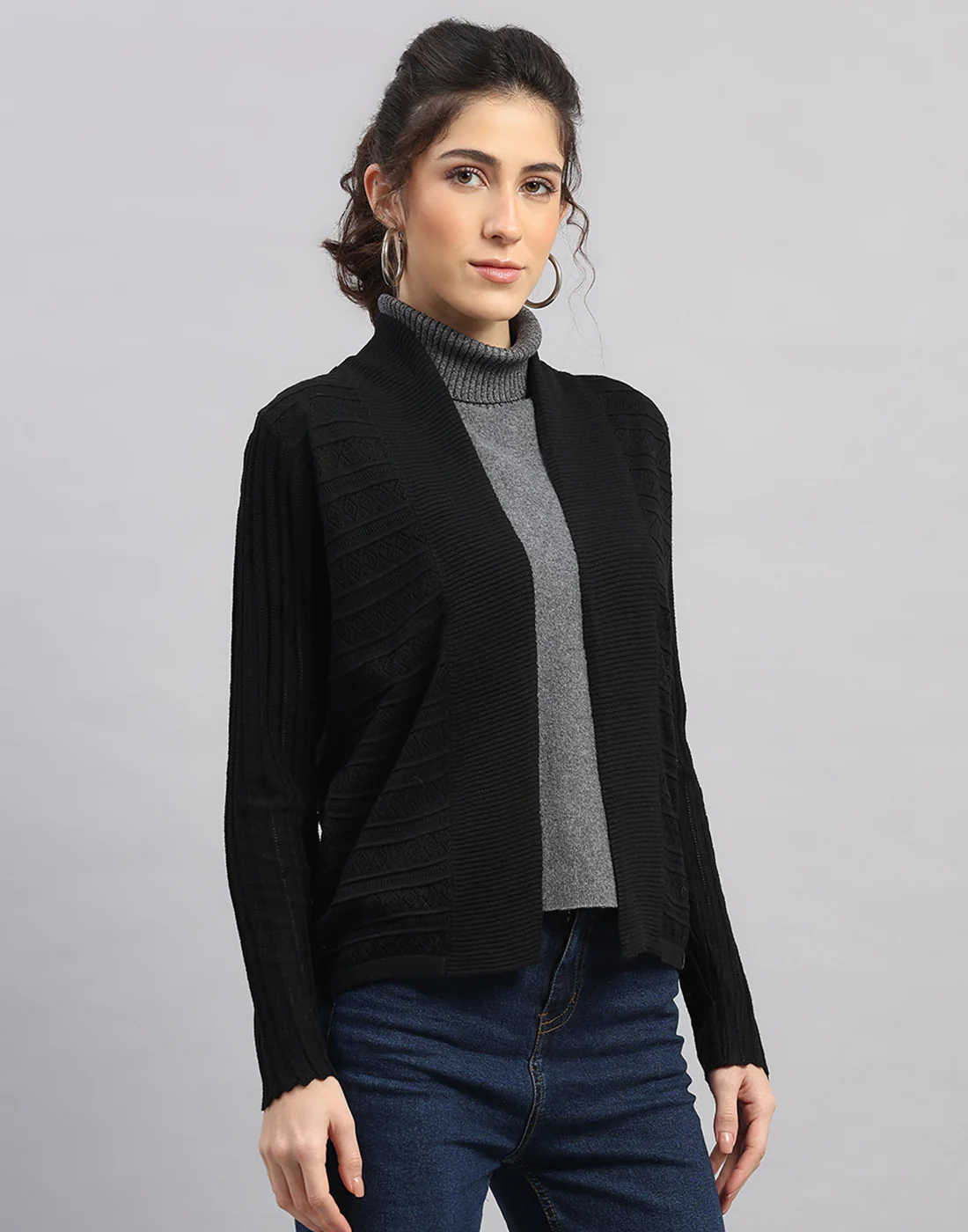 Women Black Self Design Front Open Full Sleeve Winter Top - Image 3