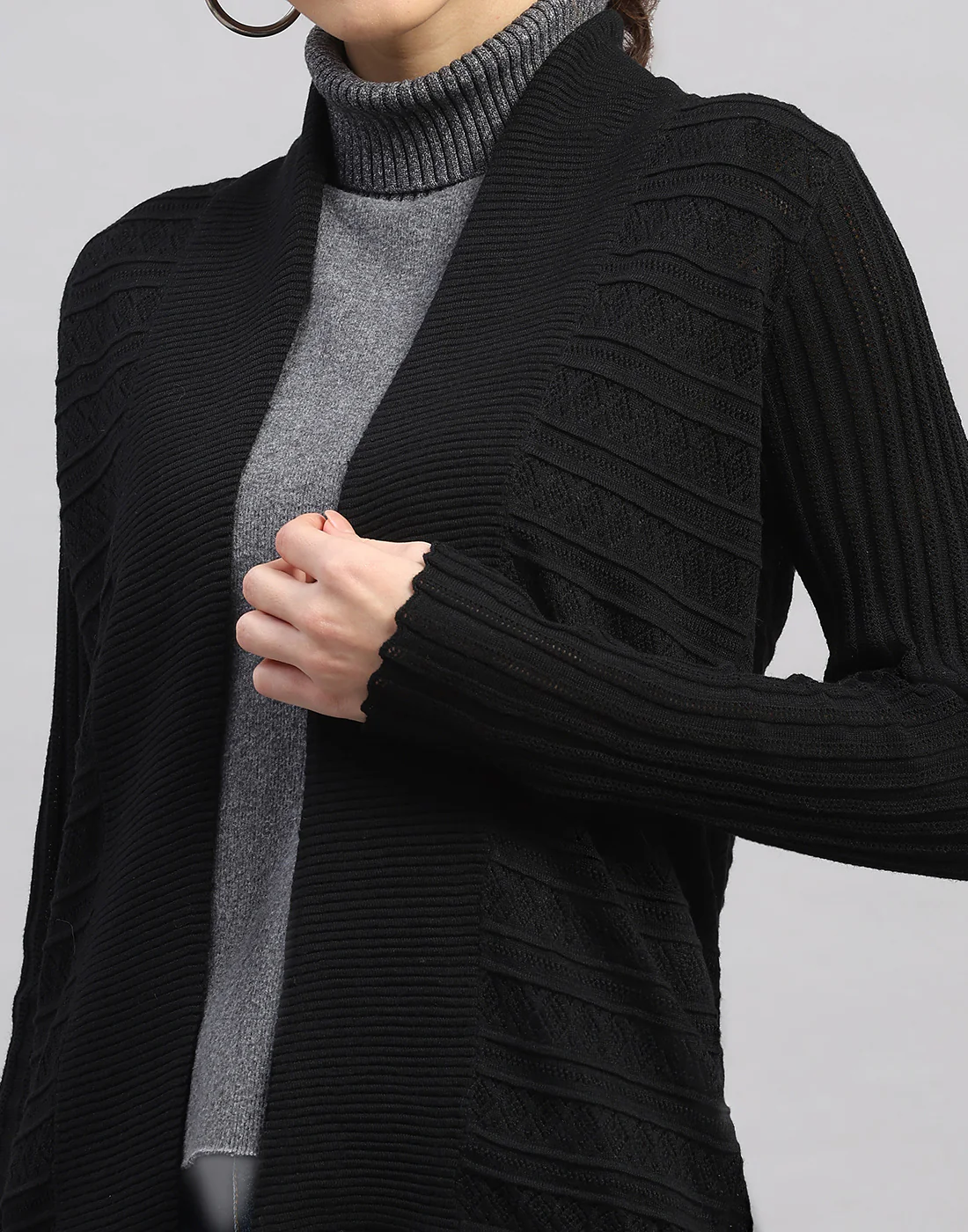 Women Black Self Design Front Open Full Sleeve Winter Top - Image 7