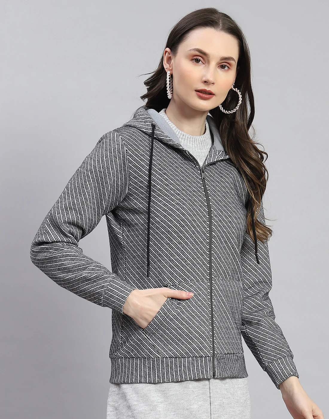Women Black Self Design Hooded Full Sleeve Sweatshirt - Image 4