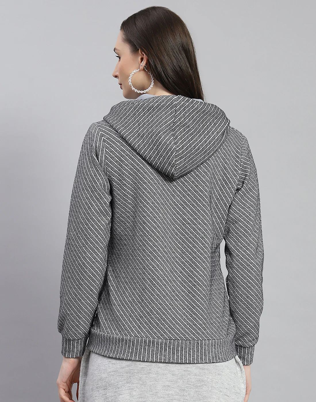 Women Black Self Design Hooded Full Sleeve Sweatshirt - Image 5