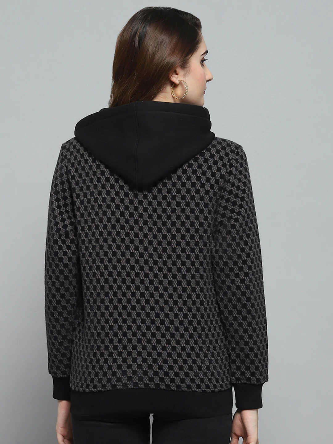 Women Black Self Design Hooded Full Sleeve Sweatshirt - Image 5