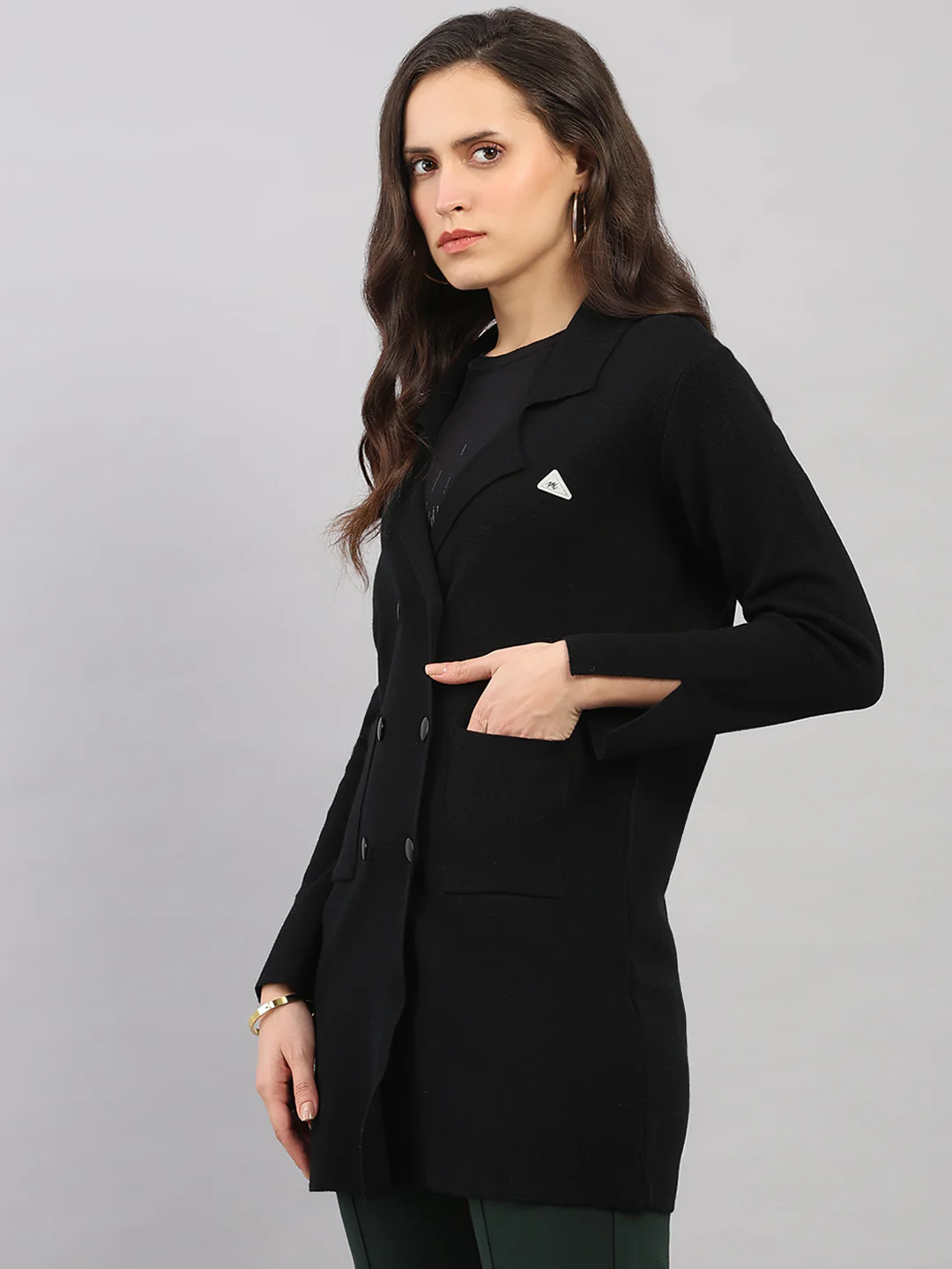 Women Black Self Design Lapel Collar Full Sleeve Knitted Coat - Image 3