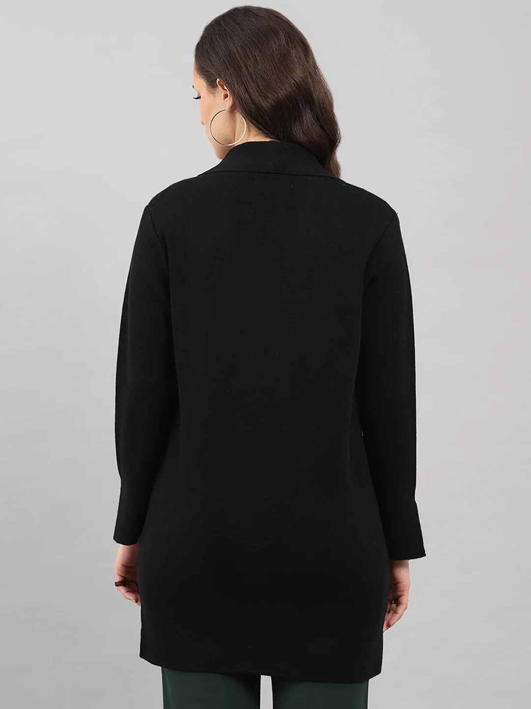 Women Black Self Design Lapel Collar Full Sleeve Knitted Coat - Image 5
