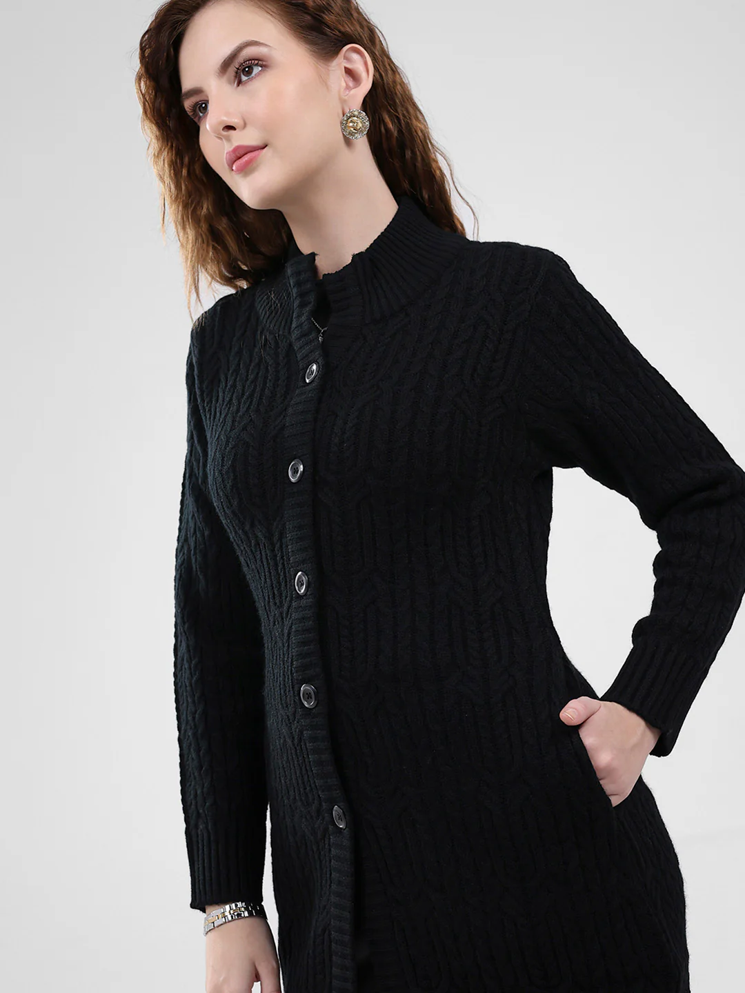 Women Black Self Design Mock Neck Full Sleeve Cardigan - Image 7