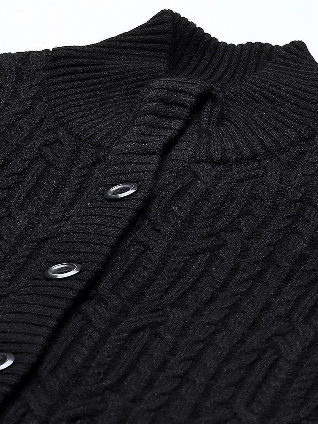 Women Black Self Design Mock Neck Full Sleeve Cardigan - Image 8