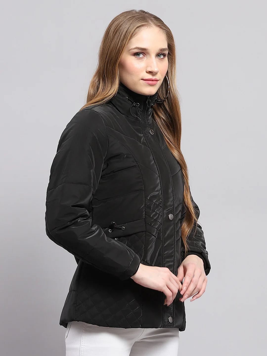 Women Black Self Design Mock Neck Full Sleeve Jacket - Image 4