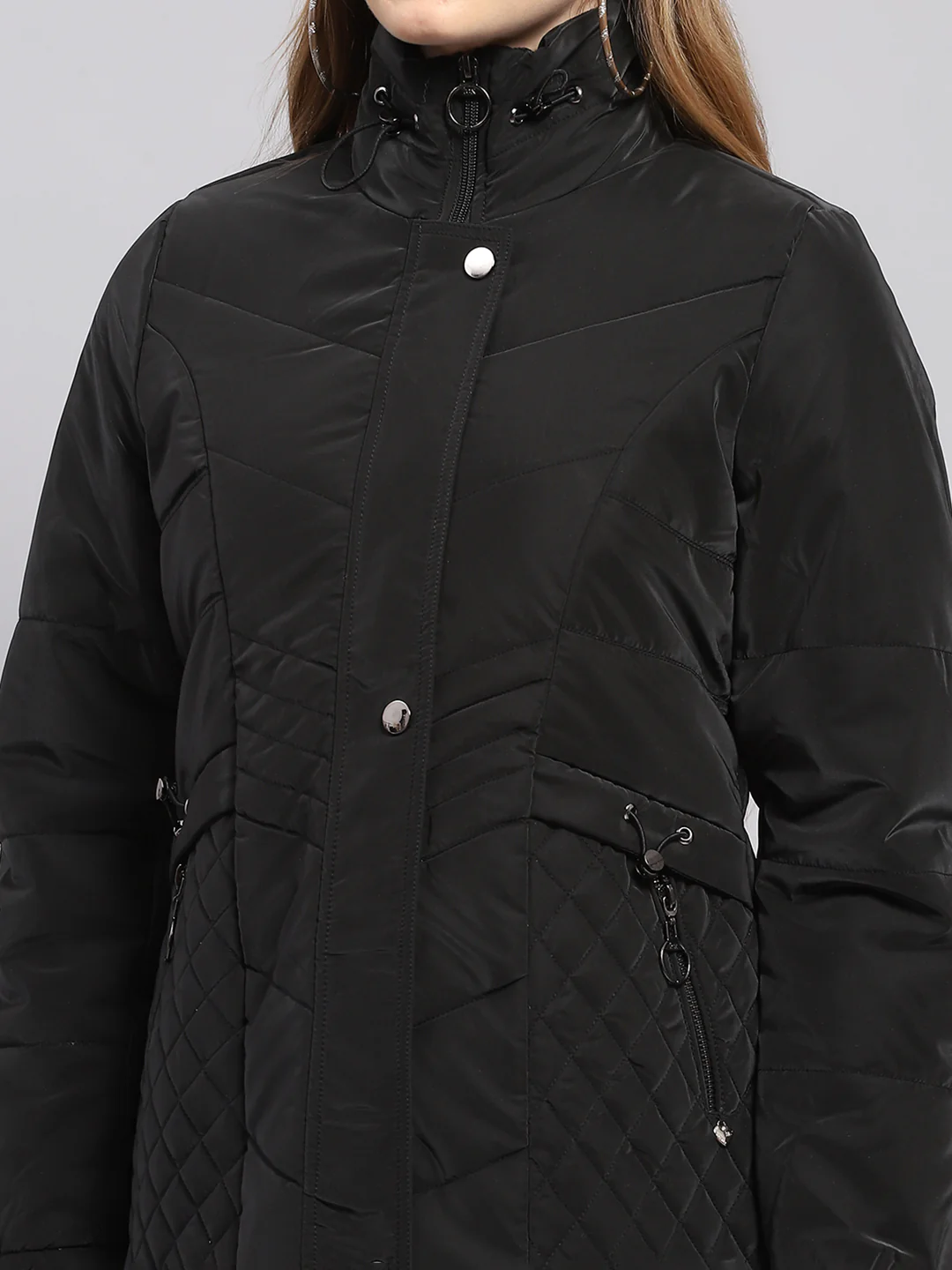 Women Black Self Design Mock Neck Full Sleeve Jacket - Image 6