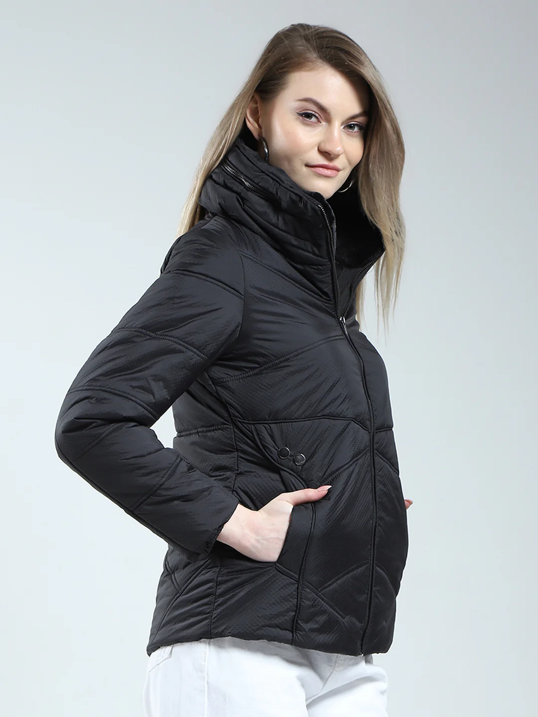 Women Black Self Design Mock Neck Full Sleeve Jacket - Image 4