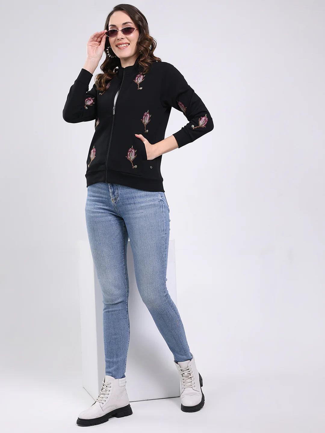 Women Black Self Design Mock Neck Full Sleeve Sweatshirt - Image 2