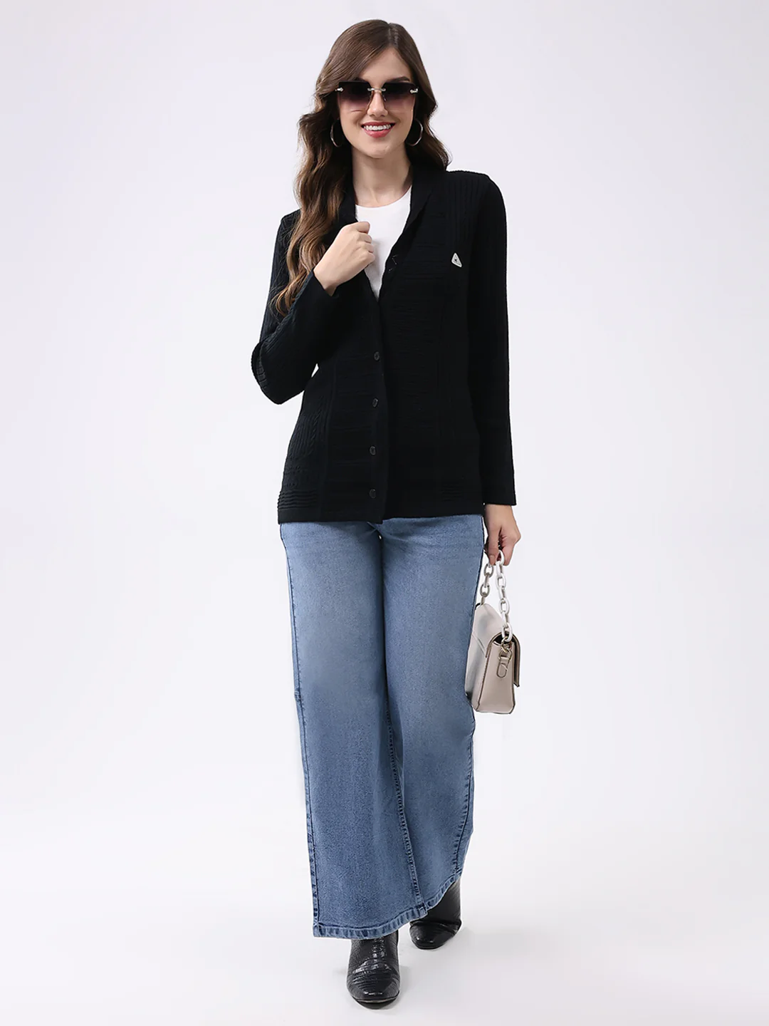 Women Black Self Design Notch Lapel Collar Full Sleeve Cardigan - Image 2