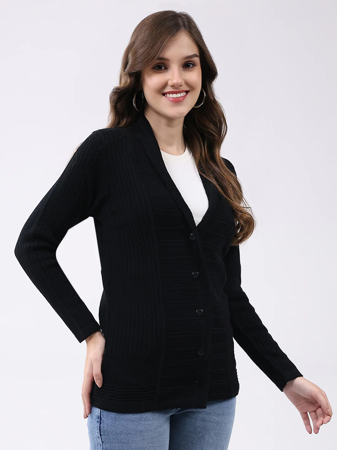 Women Black Self Design Notch Lapel Collar Full Sleeve Cardigan - Image 4