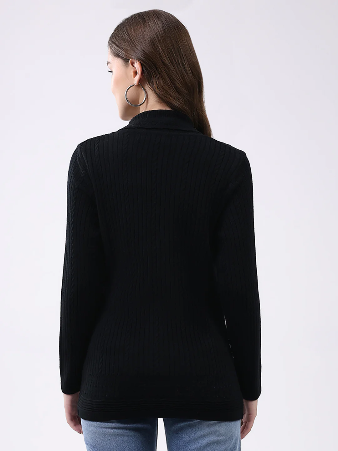 Women Black Self Design Notch Lapel Collar Full Sleeve Cardigan - Image 5