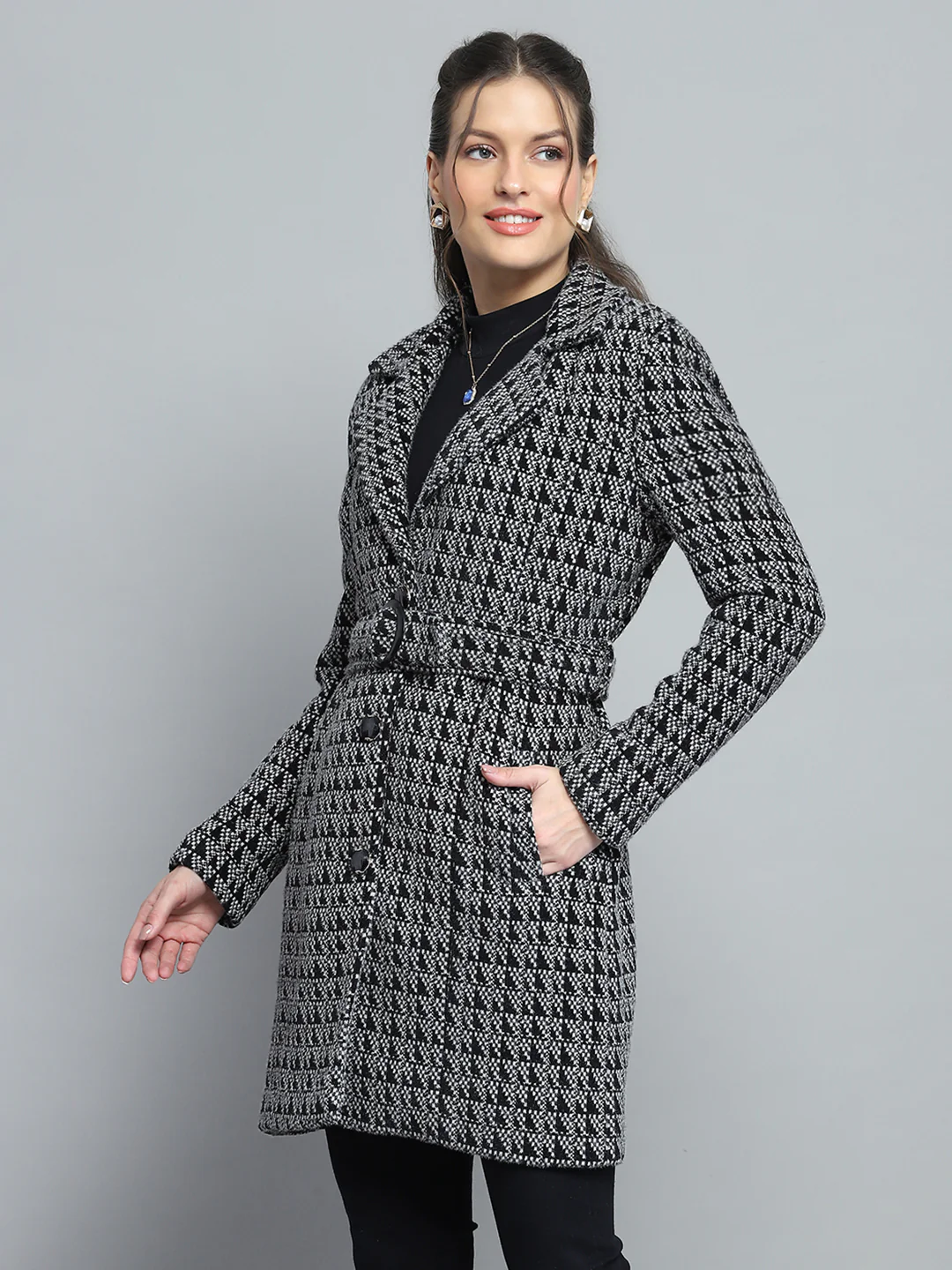 Women Black Self Design Notch Lapel Collar Full Sleeve Coat - Image 3