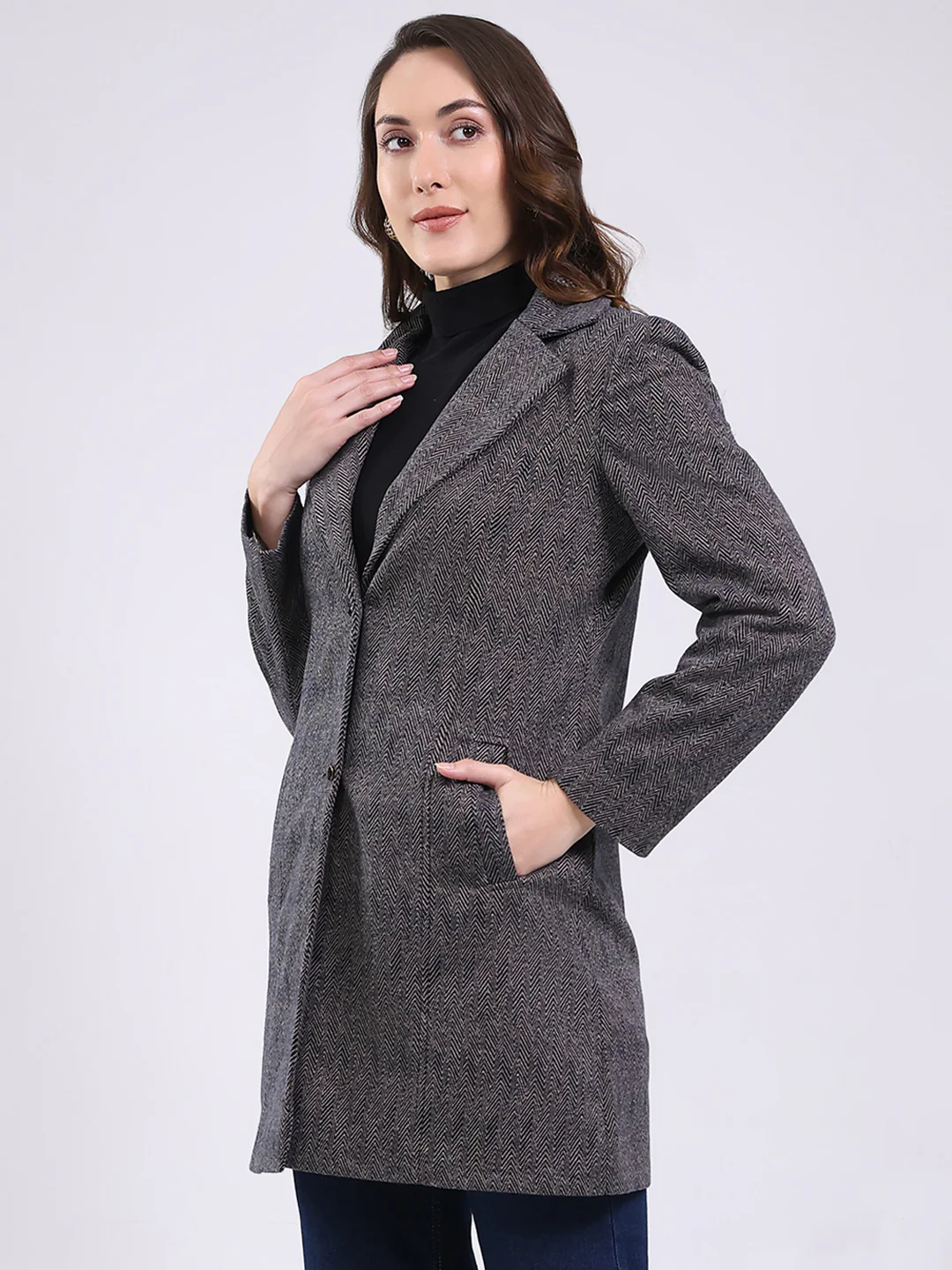 Women Black Self Design Notch Lapel Collar Full Sleeve Coat - Image 3