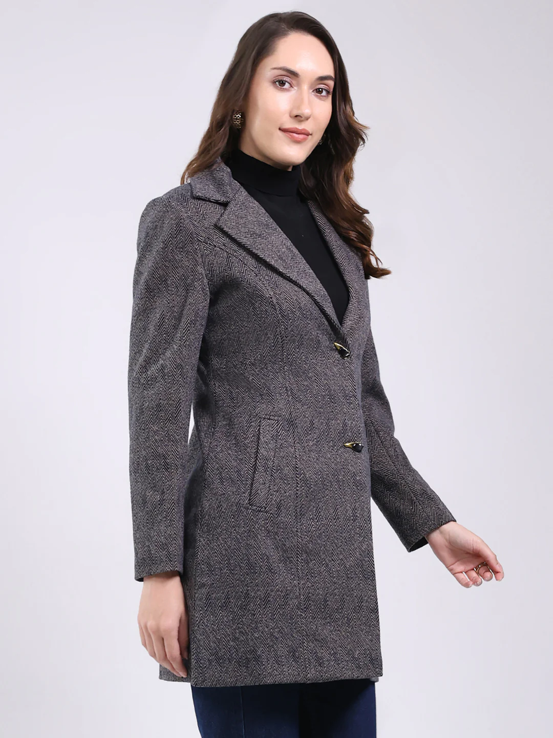 Women Black Self Design Notch Lapel Collar Full Sleeve Coat - Image 4
