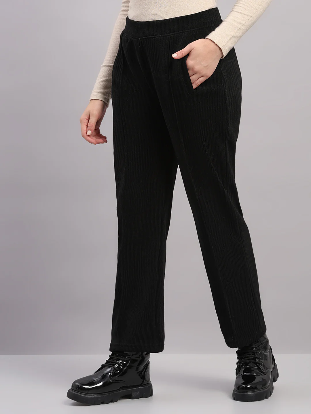 Women Black Self Design Regular Fit Winter Lower - Image 3