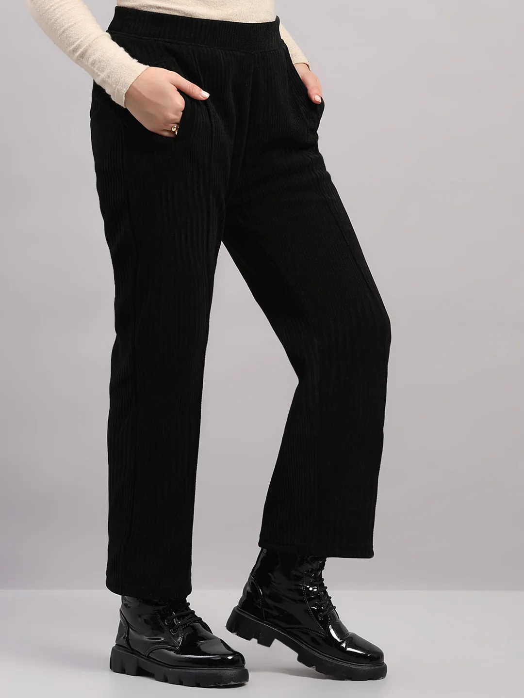 Women Black Self Design Regular Fit Winter Lower - Image 4