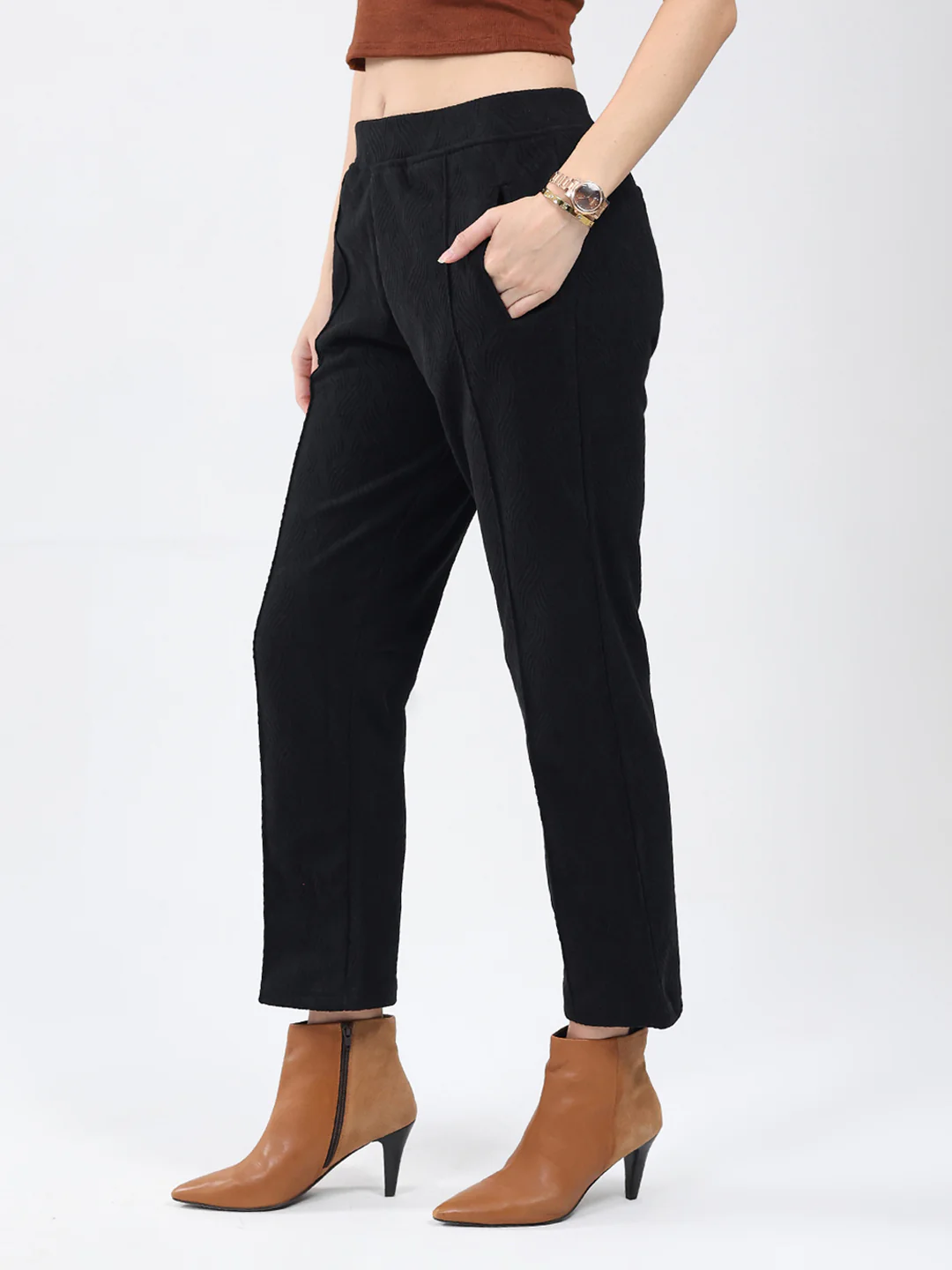 Women Black Self Design Regular Fit Winter Lower - Image 3