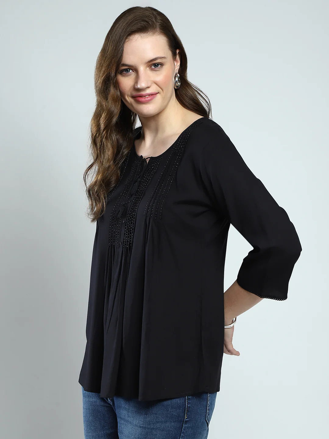 Women Black Self Design Round Neck 3/4th Sleeve Top - Image 3