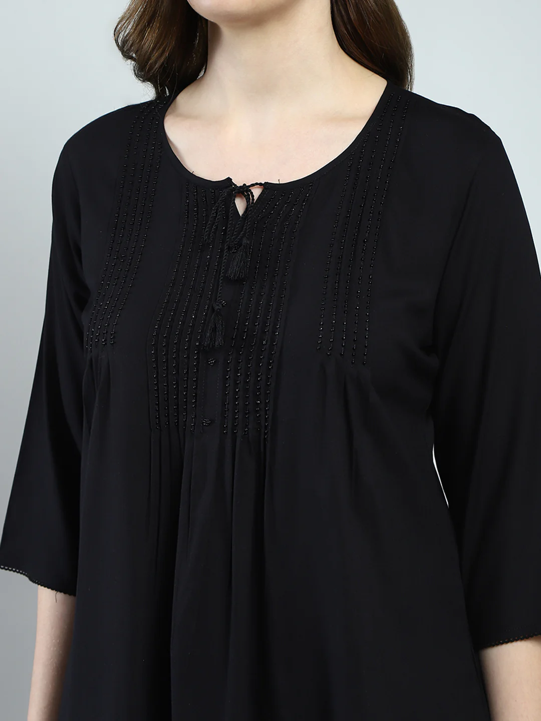 Women Black Self Design Round Neck 3/4th Sleeve Top - Image 6