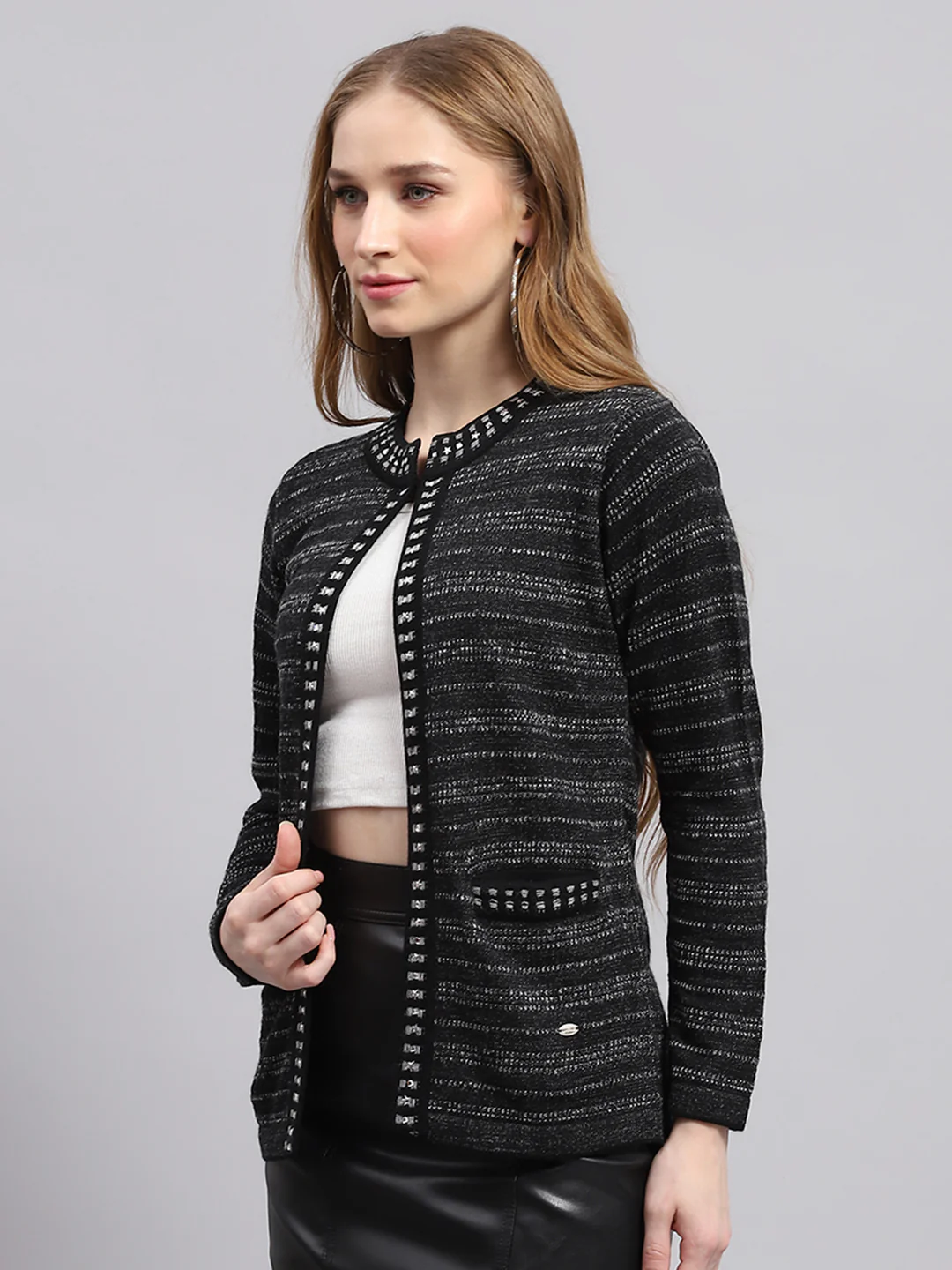 Women Black Self Design Round Neck Full Sleeve Cardigan - Image 3