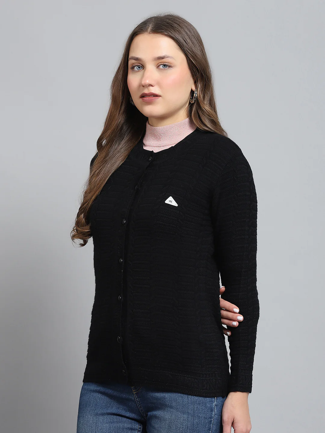 Women Black Self Design Round Neck Full Sleeve Cardigan - Image 3