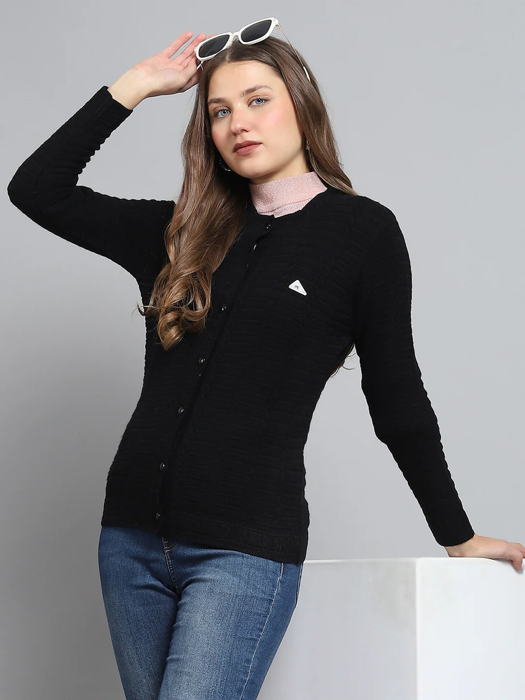 Women Black Self Design Round Neck Full Sleeve Cardigan - Image 6