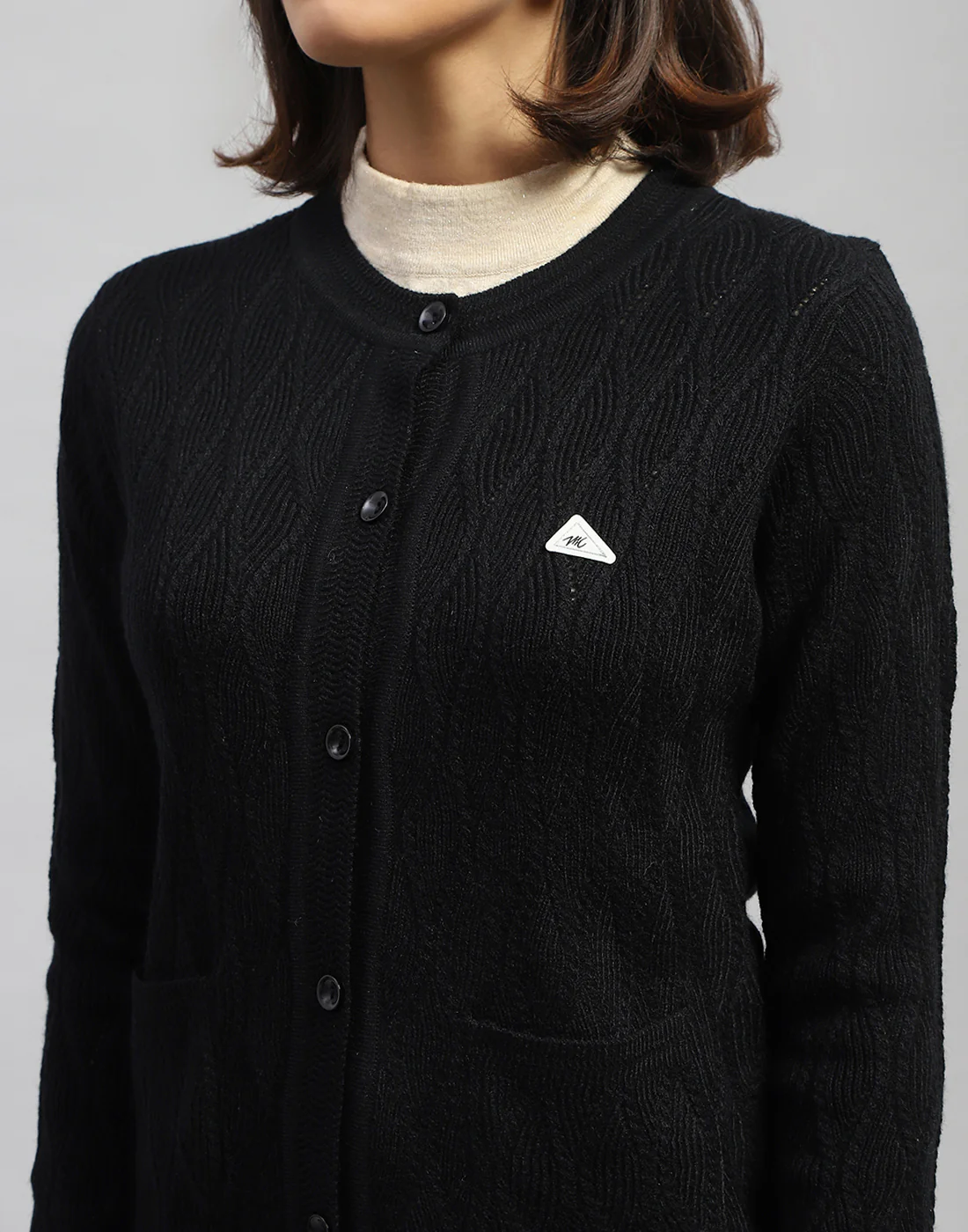 Women Black Self Design Round Neck Full Sleeve Cardigan - Image 7