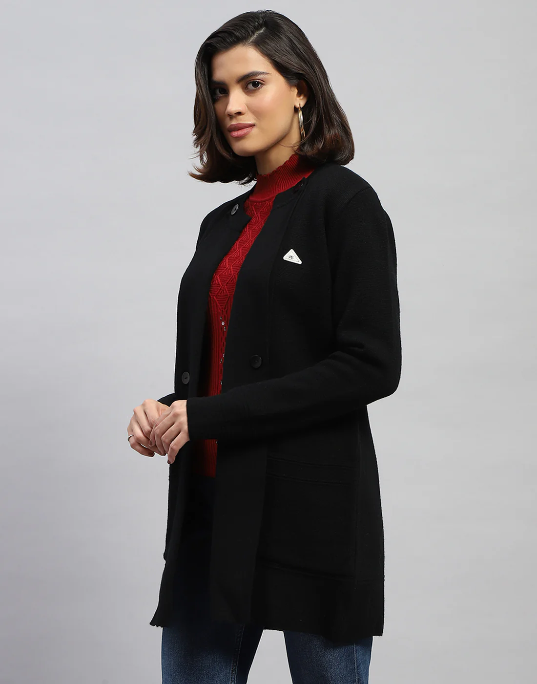 Women Black Self Design Round Neck Full Sleeve Cardigan - Image 3