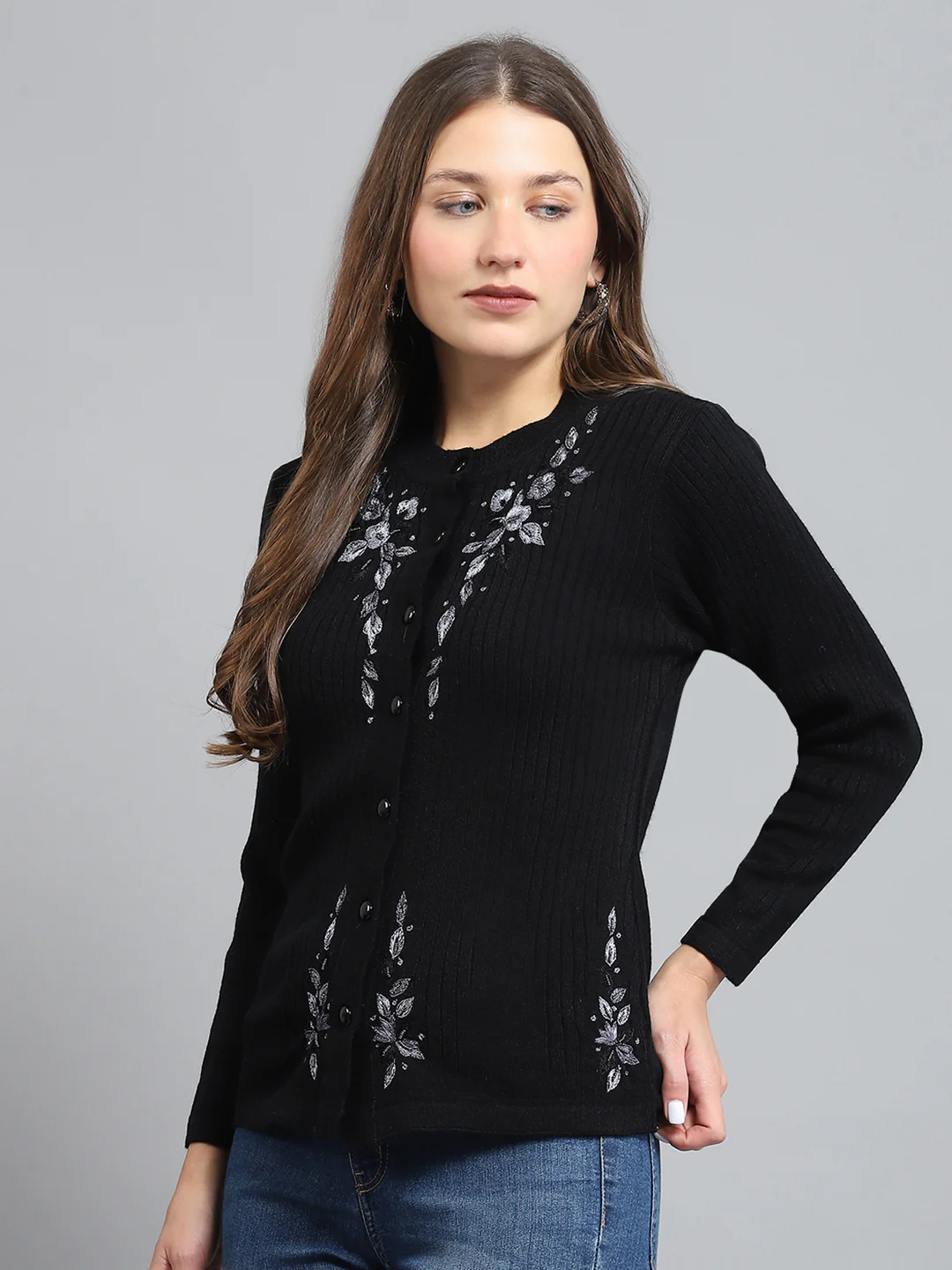 Women Black Self Design Round Neck Full Sleeve Cardigan - Image 3