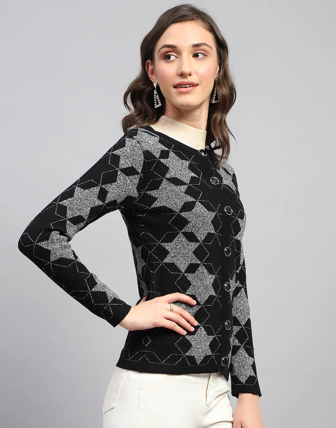 Women Black Self Design Round Neck Full Sleeve Cardigan - Image 4