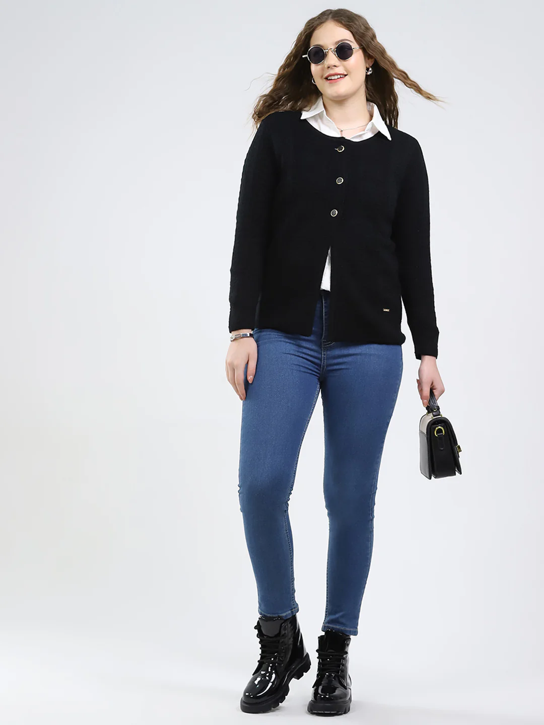 Women Black Self Design Round Neck Full Sleeve Cardigan - Image 2