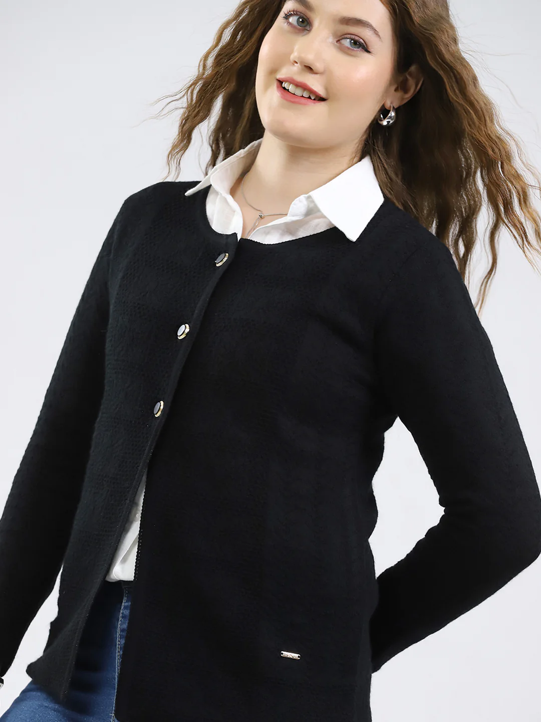 Women Black Self Design Round Neck Full Sleeve Cardigan - Image 6