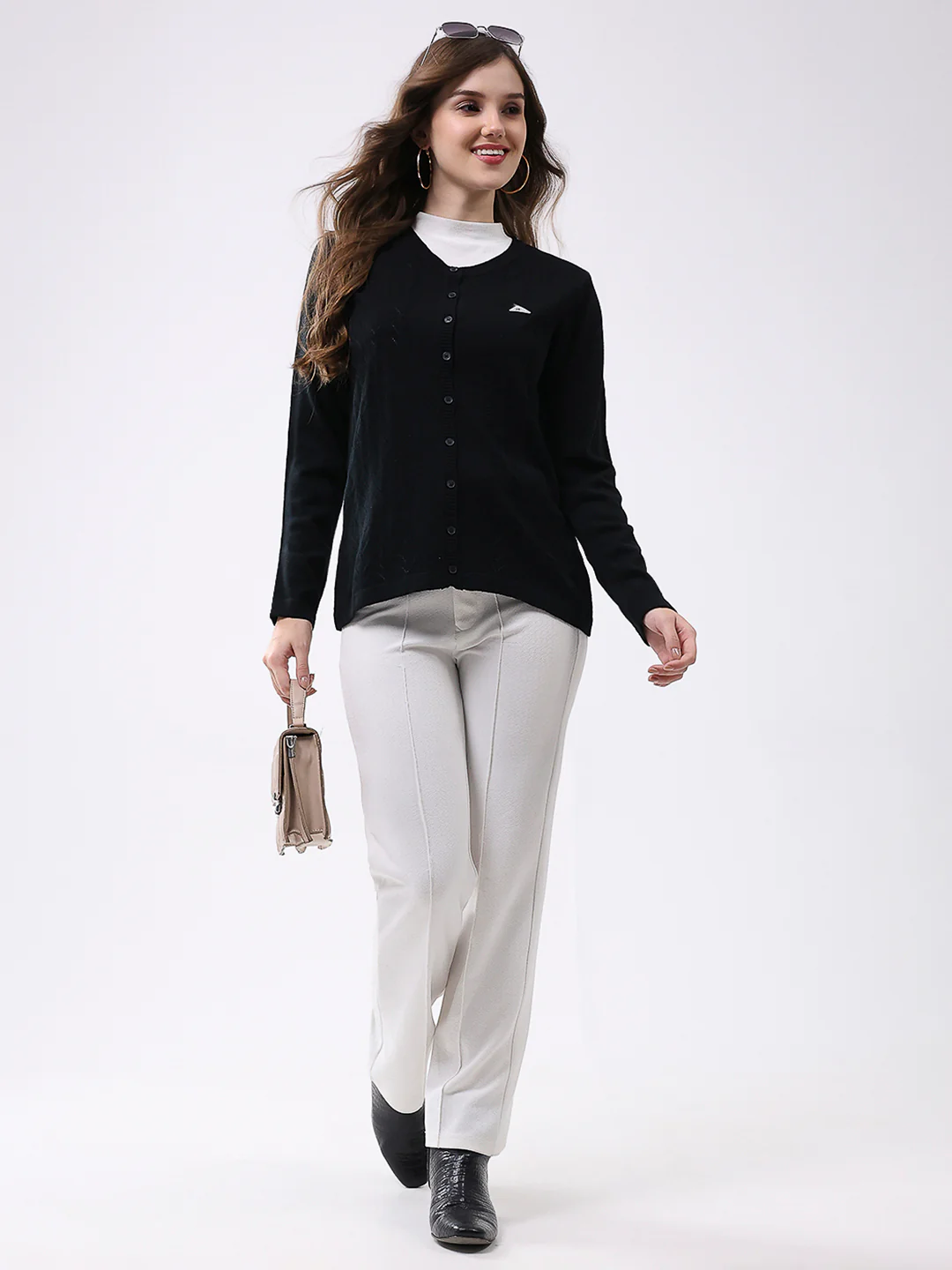 Women Black Self Design Round Neck Full Sleeve Cardigan - Image 2