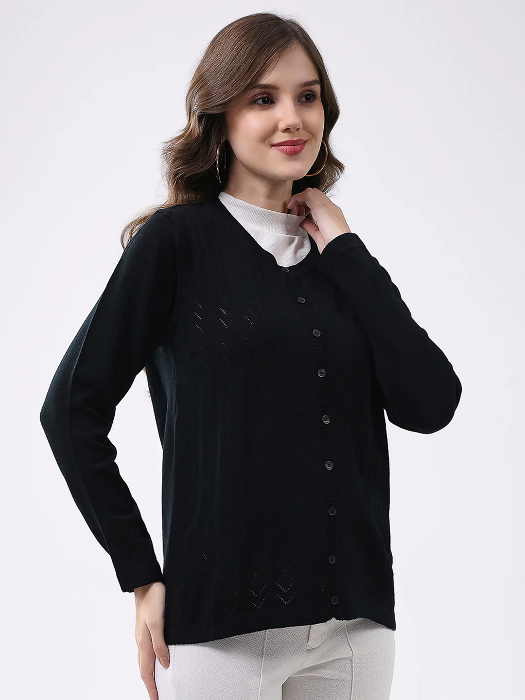 Women Black Self Design Round Neck Full Sleeve Cardigan - Image 4