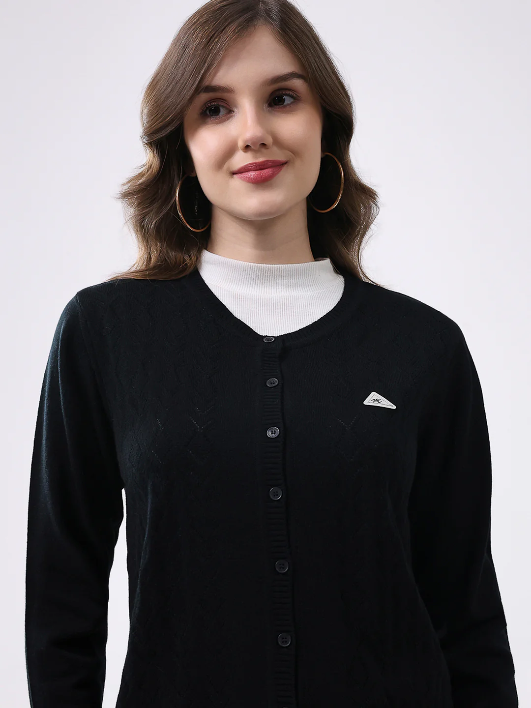 Women Black Self Design Round Neck Full Sleeve Cardigan - Image 7