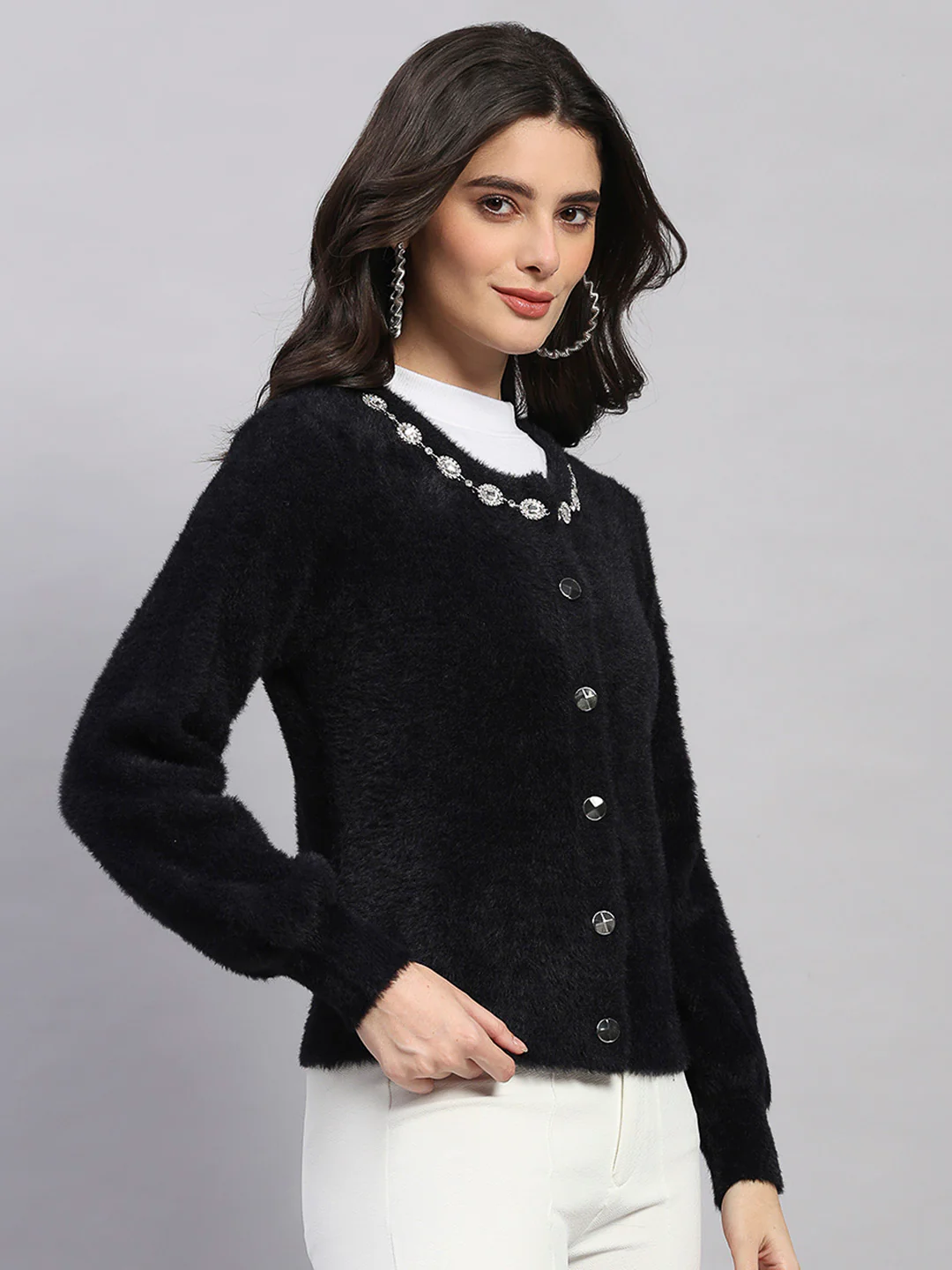 Women Black Self Design Round Neck Full Sleeve Cardigan - Image 4