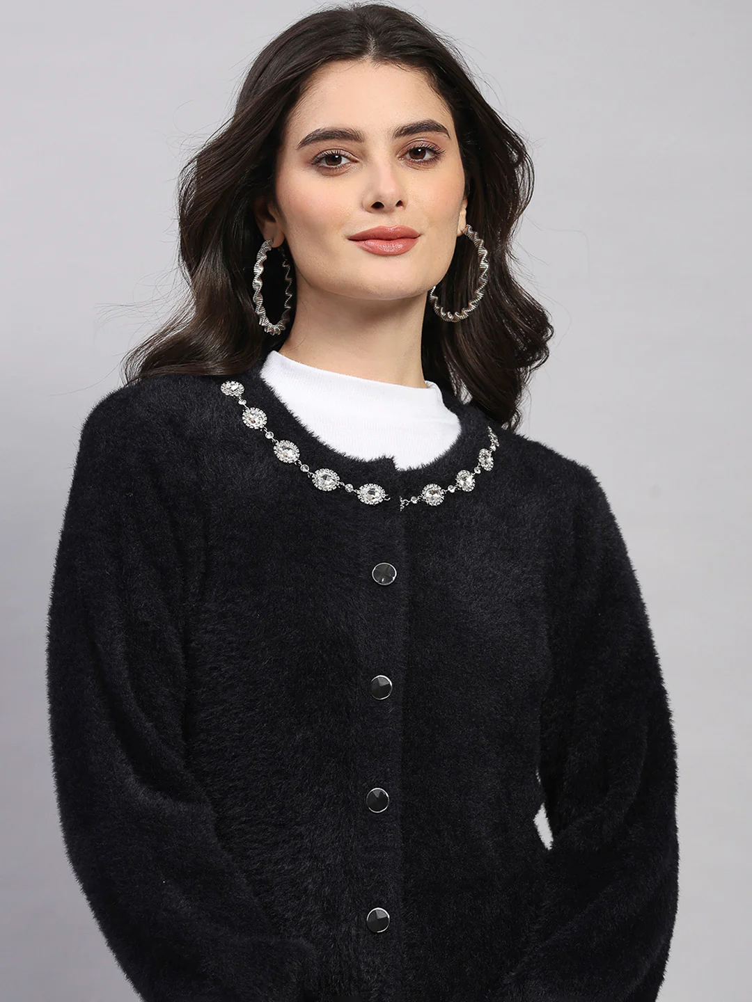 Women Black Self Design Round Neck Full Sleeve Cardigan - Image 7