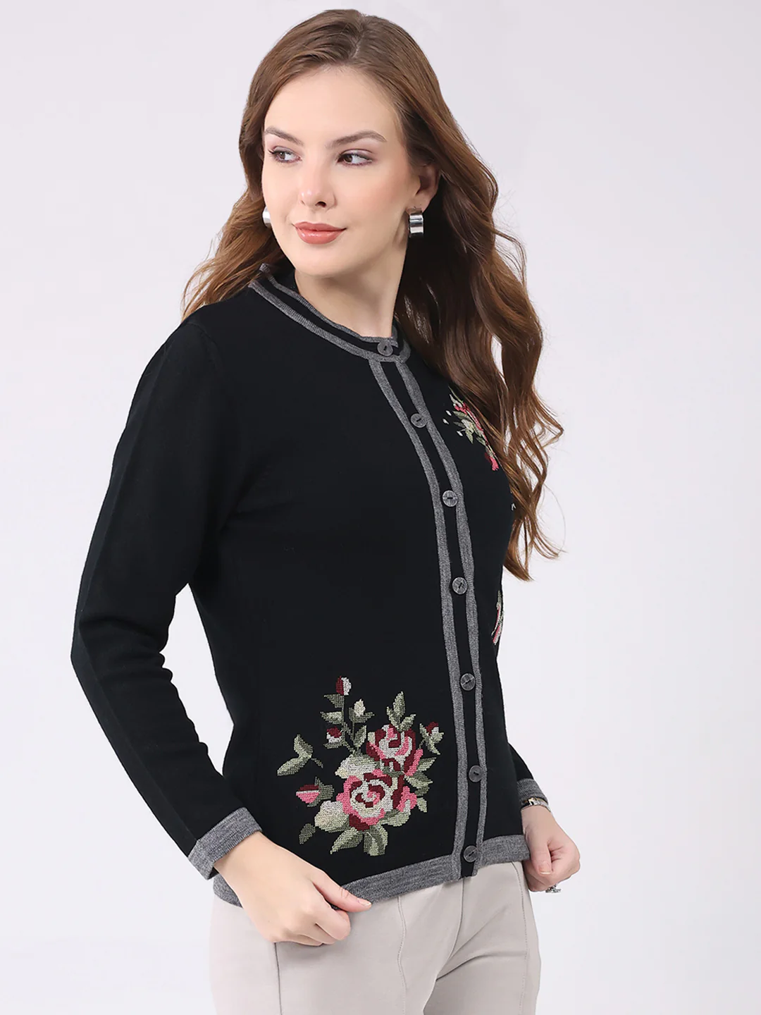 Women Black Self Design Round Neck Full Sleeve Cardigan - Image 4