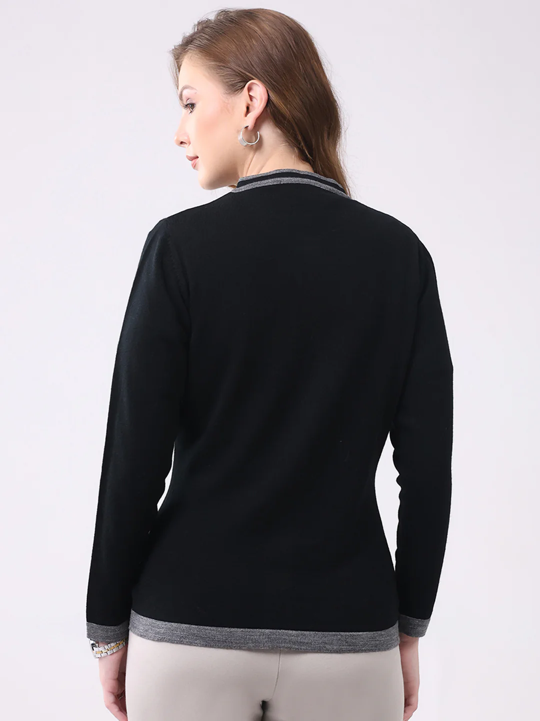 Women Black Self Design Round Neck Full Sleeve Cardigan - Image 5