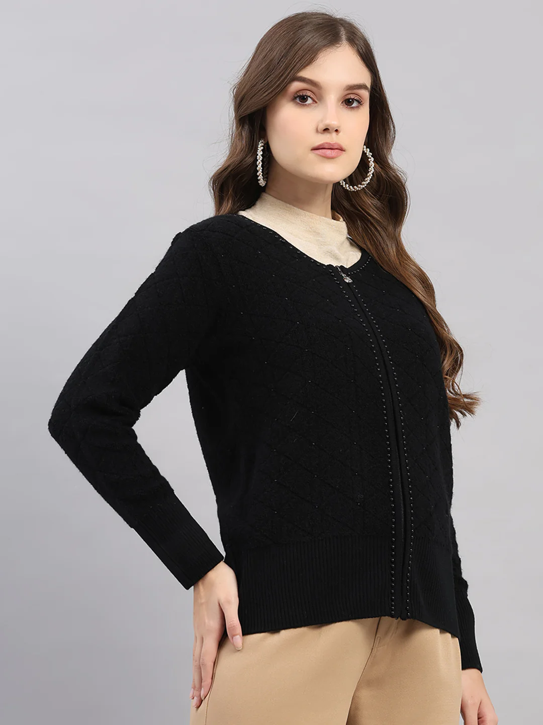 Women Black Self Design Round Neck Full Sleeve Cardigan - Image 4