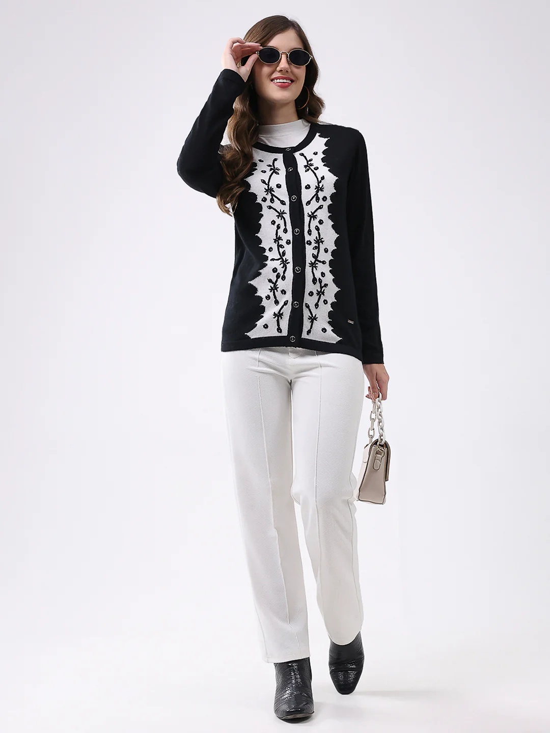 Women Black Self Design Round Neck Full Sleeve Cardigan - Image 2