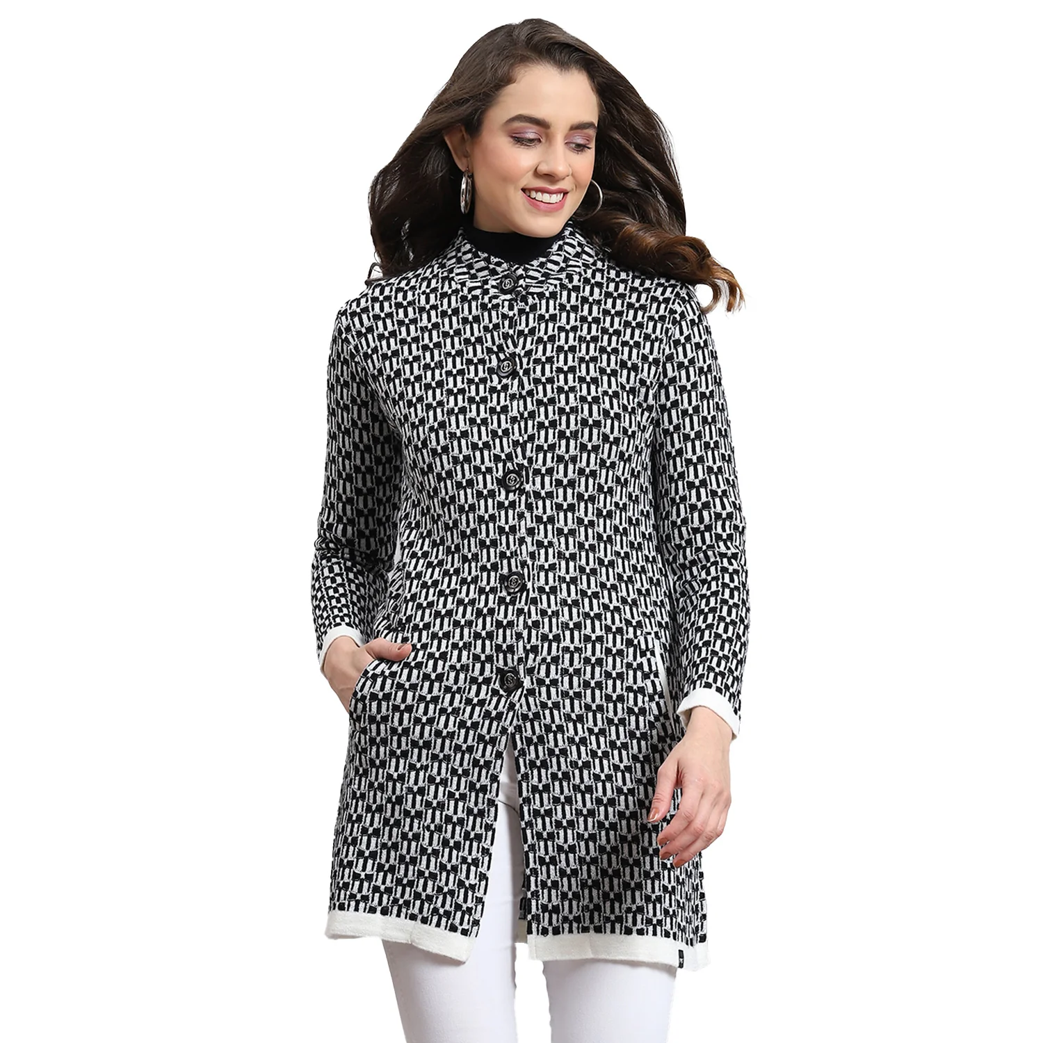 Women Black Self Design Round Neck Full Sleeve Coat - Image 5