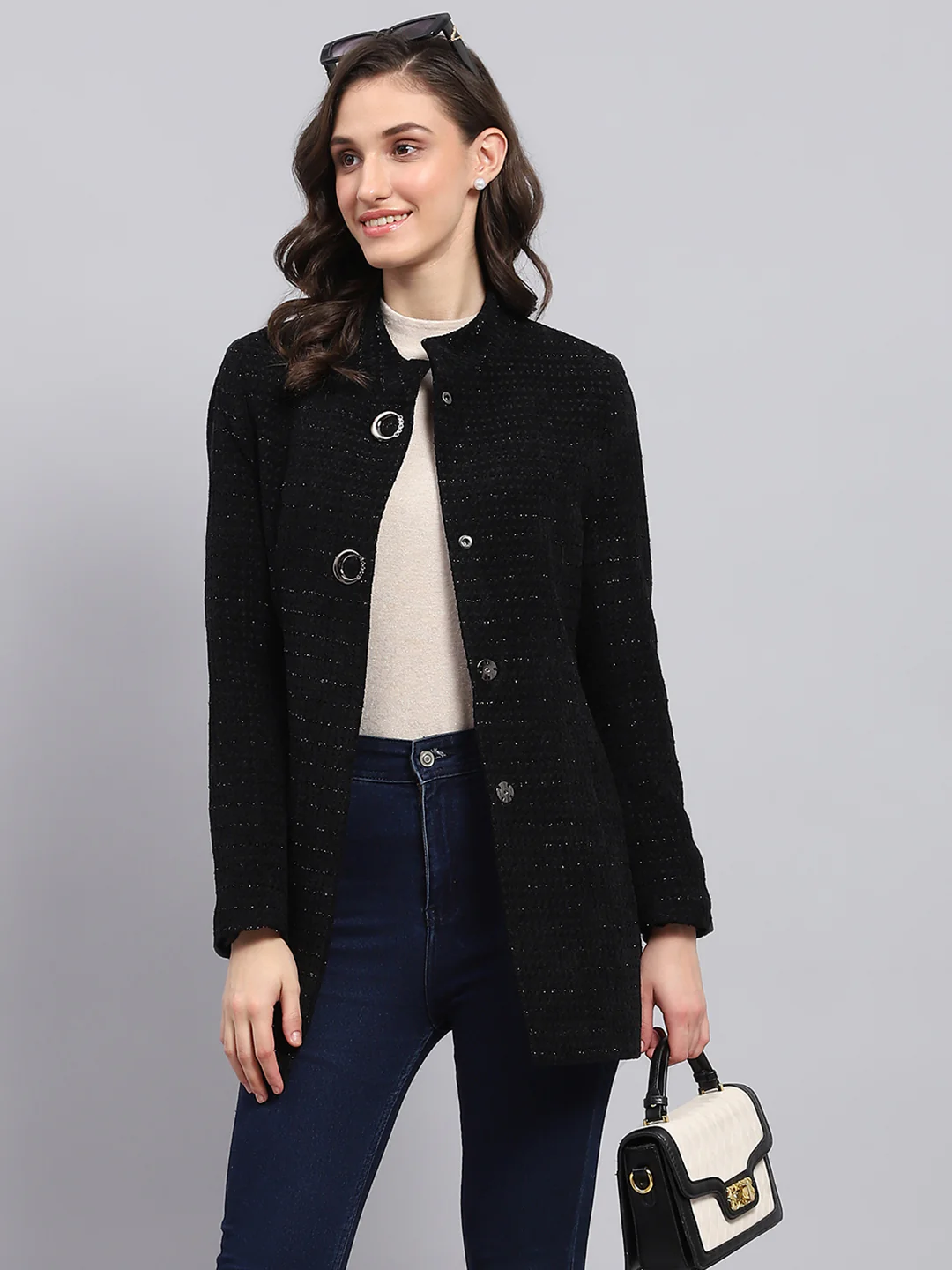 Women Black Self Design Round Neck Full Sleeve Coat - Image 6
